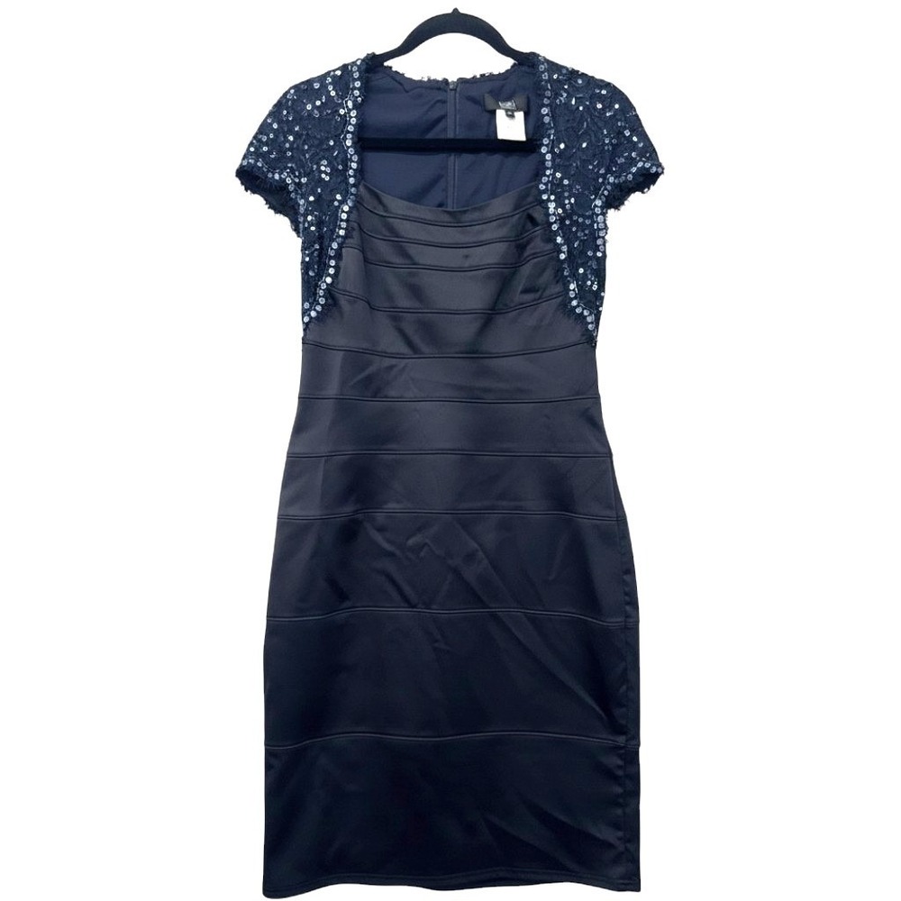 Tadashi Shoji Navy Sequin Lace Banded Sheath Cocktail Dress Wedding Guest Sz 10